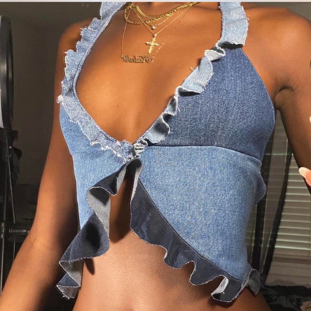 Denim ruffle flounce too deep v flare waist halter top